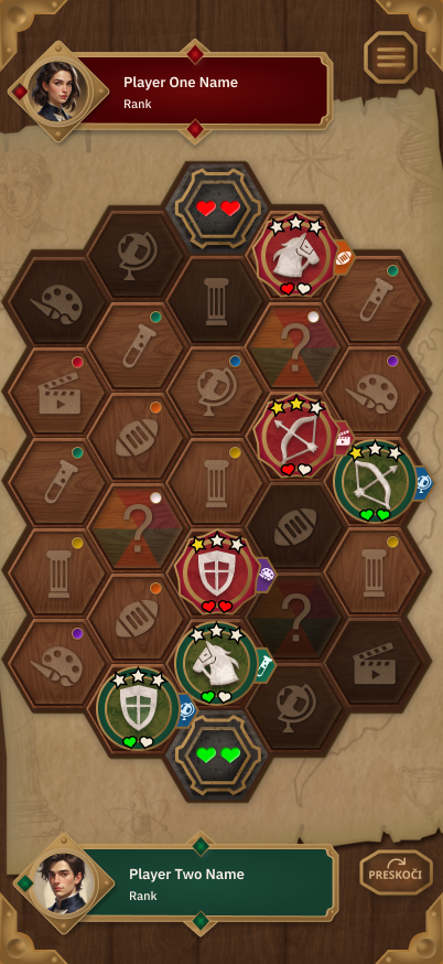 Trivia Troops: the hex board mid-match